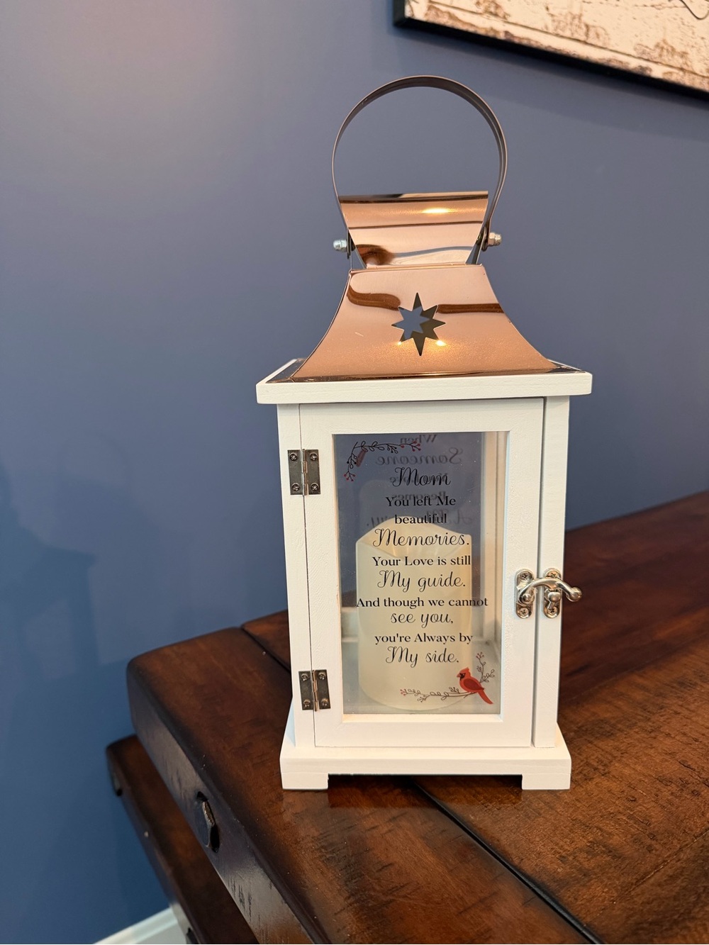 White and Copper Decorative Memorial “Mom”  Lantern - Home Accents